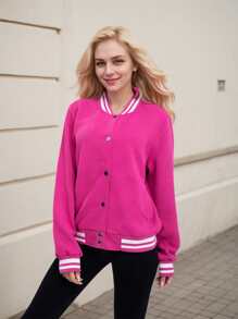 Women's Lightweight Baseball Jacket - Versatile Stitching Fabric Outerwear With Multi-Fabric Options And Unique Patterns - 紫紅色3 - 查看 2