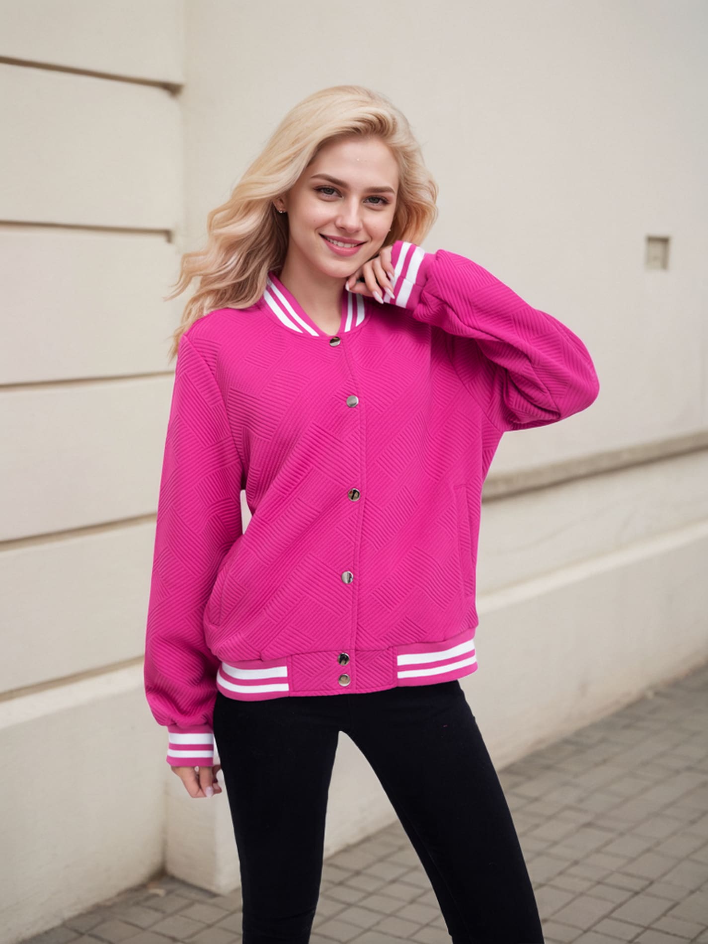 Women's Lightweight Baseball Jacket - Versatile Stitching Fabric Outerwear With Multi-Fabric Options And Unique Patterns - 紫紅色3 - 查看 1