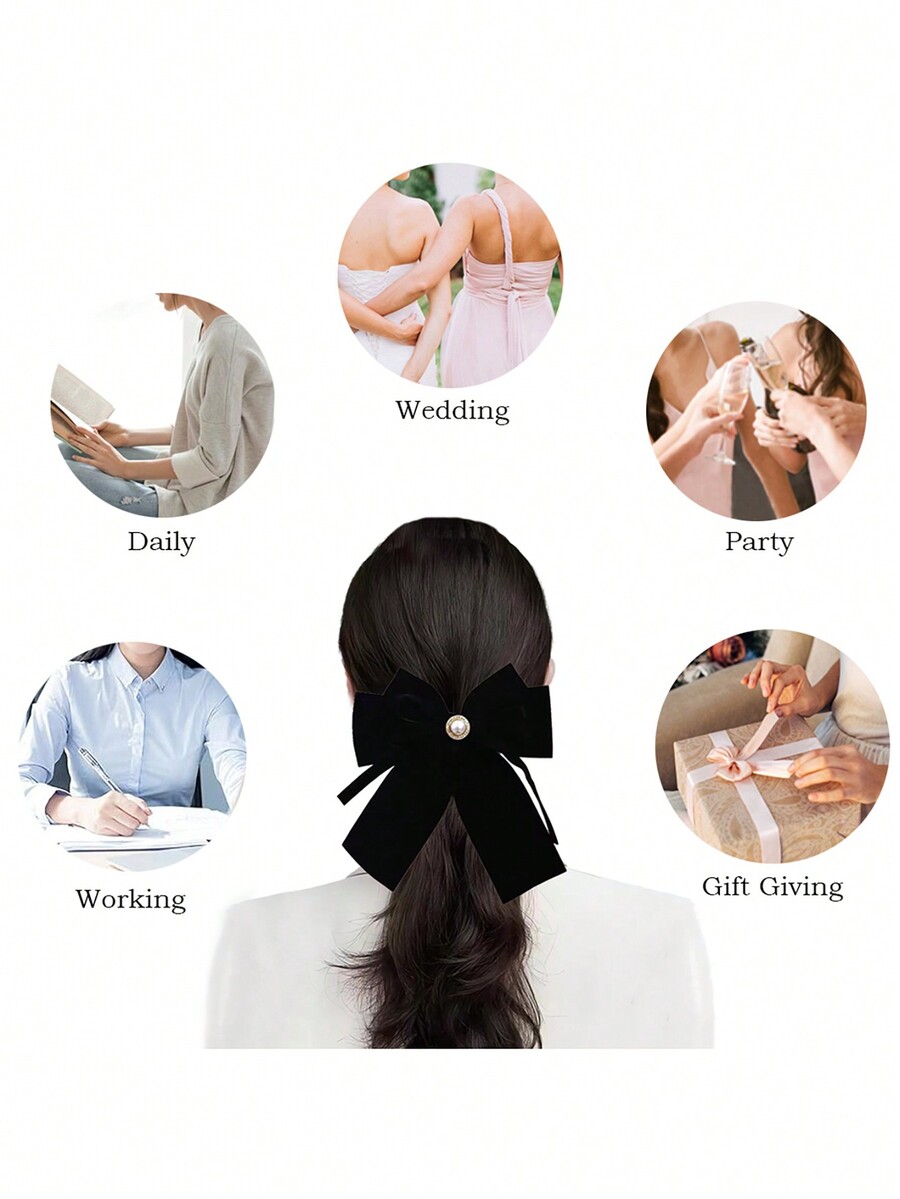 1pc Pearl Bow Ribbon Hairclip For Women, Daily Half Bun Hairstyle