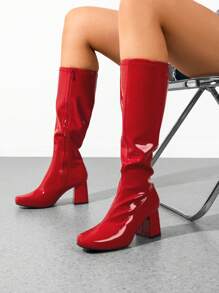 Women Gogo Boots Classic Square Toe Tall Boots Chunky Side Zipper Solid Color Versatile  Fashionable Knee High Boots - 紅色 - 查看 3