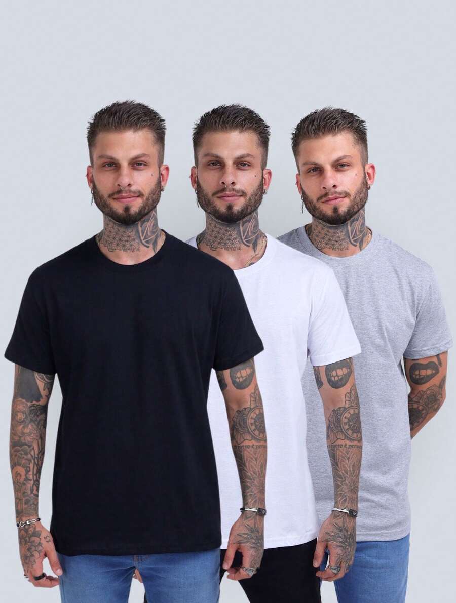 Kit 3 Camisetas Básicas Masculina 100% Algodão Pima Premium Casual - Multicolorido - Visão 1