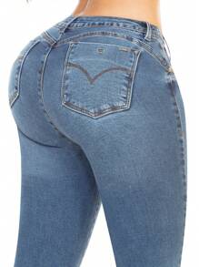 SAVIJEANS Jeans Super Skinny para Dama - Efecto Push Up | Savi Jeans: Pantalon para mujer - Azul lavado medio - Ver 5