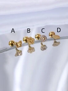 1 件时尚钛钢迷你蝴蝶、花朵、树叶形状金色耳钉，适合女性日常佩戴 - 金色 - 查看 2