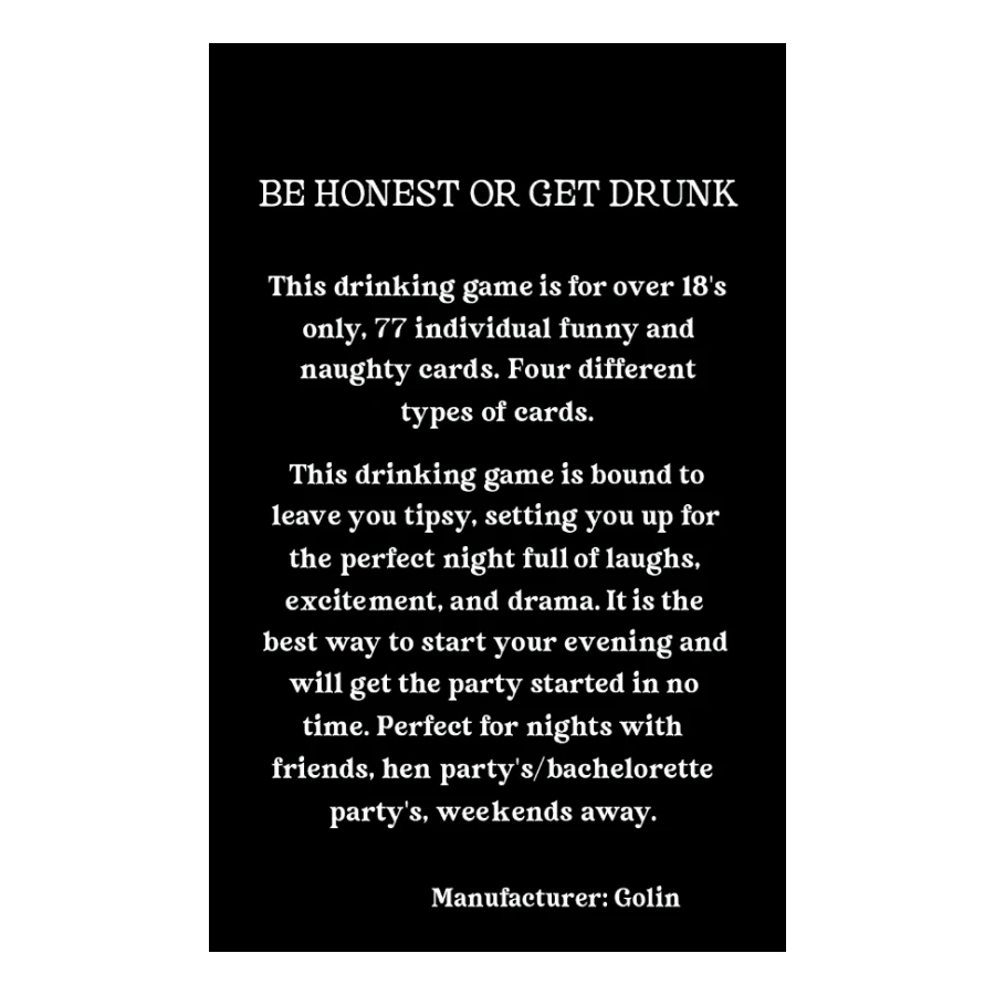 Be Honest Or Get Drunk Game Card Ultimate Adult Drinking Game For