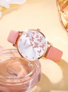 SOKI SOKI 1 Set Reloj de mujer de moda casual con esfera redonda de números árabes y mariposa, pulsera de arcilla polimérica, perlas falsas, perfecto para uso diario, regalos de cumpleaños, fiestas, reuniones festivas y como regalo ideal para ti o tus amigos. No incluye cajas.