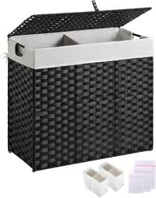 GREENSTELL Laundry Hamper With Lid, No Install Needed, 130L Wicker Laundry Baskets Foldable 2 Removable Liner Bags, 2 Section Clothes Hamper Handwoven Rattan Laundry Basket With Handles, Gray - Black - View 2