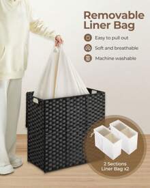 GREENSTELL Laundry Hamper With Lid, No Install Needed, 130L Wicker Laundry Baskets Foldable 2 Removable Liner Bags, 2 Section Clothes Hamper Handwoven Rattan Laundry Basket With Handles, Gray - Black - View 6