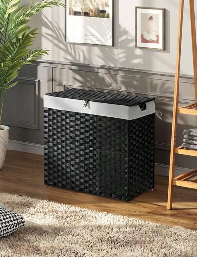 GREENSTELL Laundry Hamper With Lid, No Install Needed, 130L Wicker Laundry Baskets Foldable 2 Removable Liner Bags, 2 Section Clothes Hamper Handwoven Rattan Laundry Basket With Handles, Gray