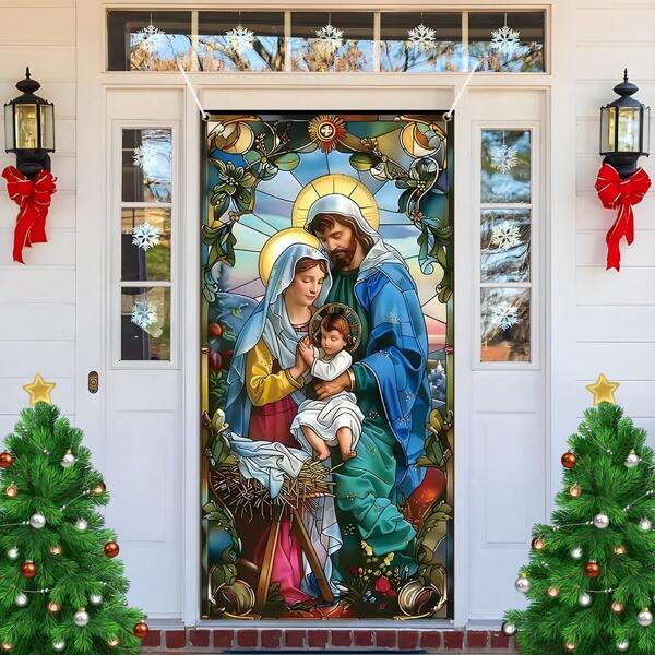 1 peça Capa de porta com tema de Natal Jesus Natividade, Faixa de cortina, Decoração interna para sala de estar, Quarto, Varanda, Decoração de jardim de Natal, Fácil instalação com 4 ganchos de metal