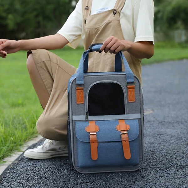 Mochila transportadora para animais de estimação de grande espaço para gatos e cães pequenos, portátil, malha respirável, dobrável, alças duplas, com alça