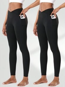 Bộ 2 quần tập yoga chéo lưng chữ V có túi bên hông, quần bó bó cạp cao nâng mông tập luyện, quần tập thể dục thoáng khí khô nhanh - màu đen - Xem 1