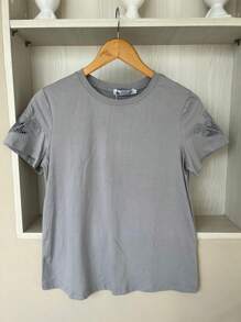 Women's Summer Short Sleeve Embroidered Cotton T-Shirt Blouse 2025 - 灰色 - 查看 1