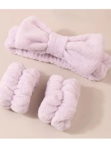 3 件套女士头带、发带、腕带、吸水卸妆巾、纯色流行蝴蝶结设计、运动头带 - 彩色 - 查看 4