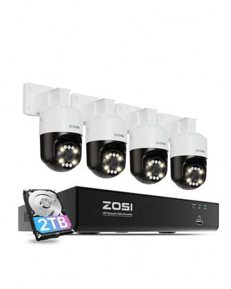 ZOSI ZOSI Kit 3K Telecamera di sorveglianza PoE, NVR 8CH 2TB 8MP con telecamera di sorveglianza esterna PoE da 5MP, telecamera PT a 360°, rilevamento di persone/veicoli, audio bidirezionale, allarme sonoro e luminoso