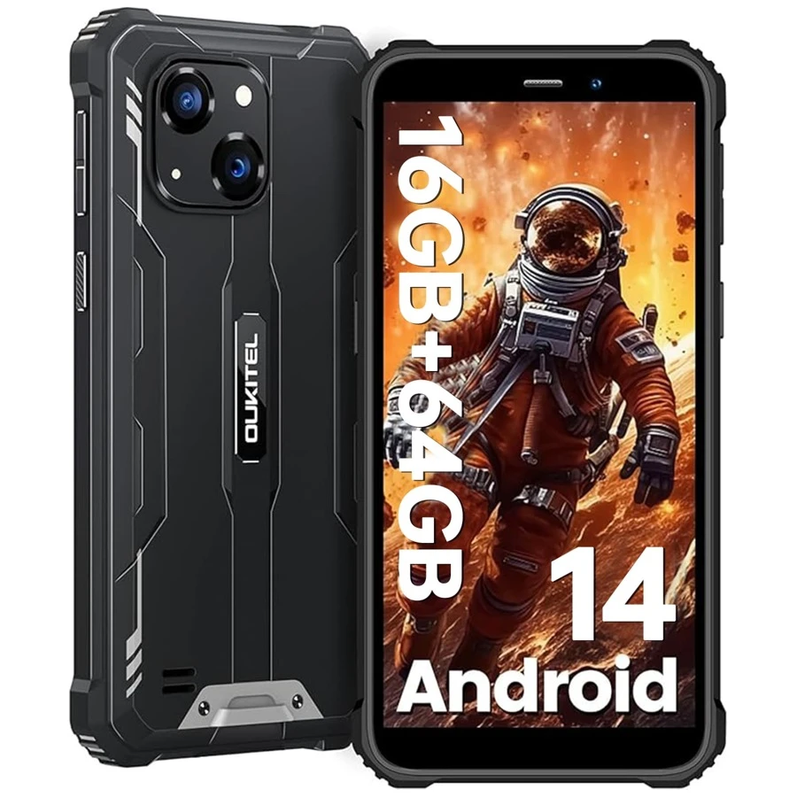 OUKITEL Smartphone resistente desbloqueado WP32, pantalla de 6", 16GB (4+12 expandible) RAM + 128GB ROM, batería de 6300mAh, cámara de 20MP, Android 14, teléfono móvil 4G Dual SIM, OTG, NFC, GPS (para versión europea)