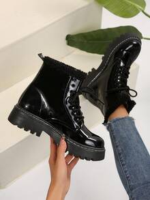 Christmas Women New Shiny Black Fleece Fashion Combact Boots, Motorcycle Boots, Round Toe Thick Sole Strap Ankle Boots, Multi-Function Outdoor Non-Slip Boots - Black - View 4