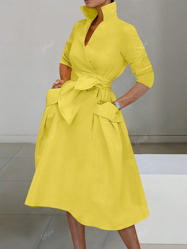 1pc Women Stand Collar Solid Color Lace-Up Pocket Long Sleeve Dress, Autumn Yellow