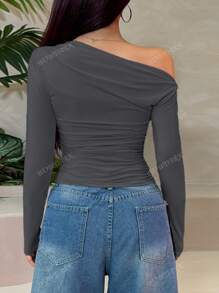 WOWDARK Dames effen blouse met schuine schouders en lange mouwen, minimalistisch, casual voor dagelijks gebruik
