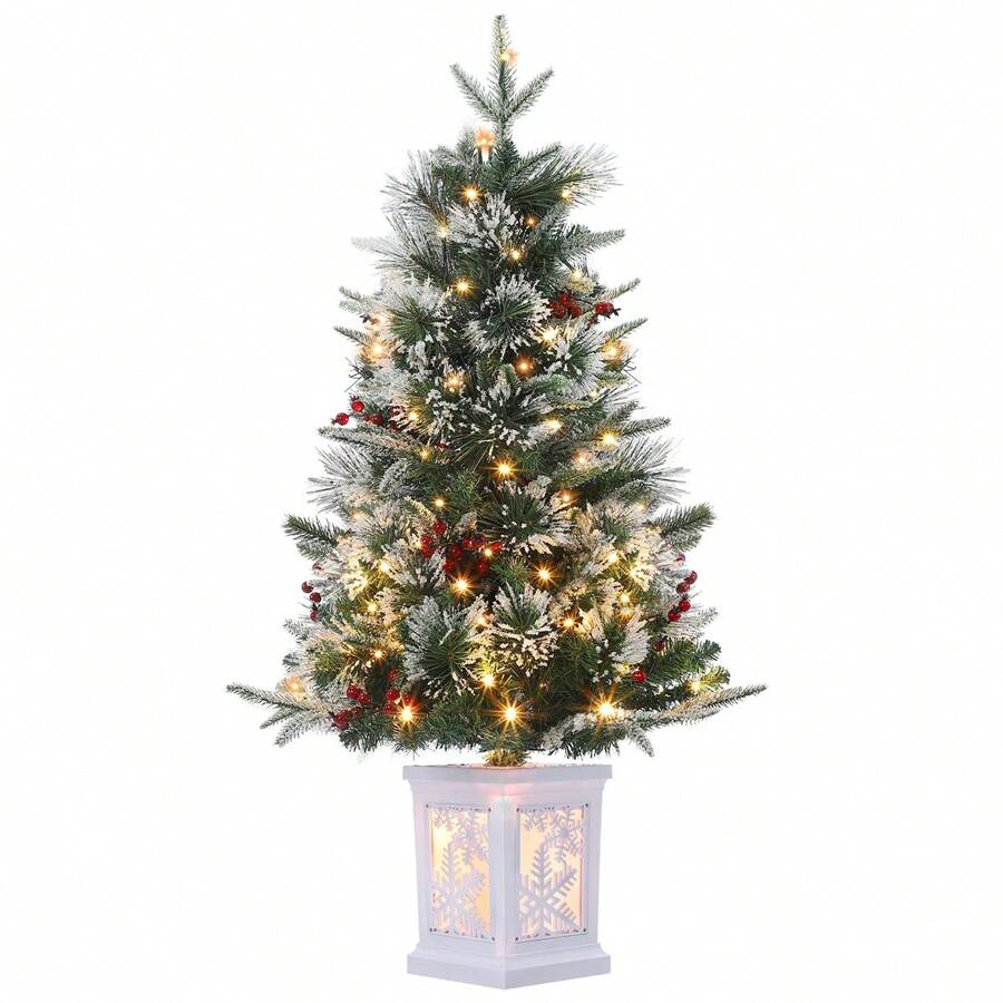 3FT Christmas Tree, Pre-Lit Christmas Tree With Snow Flocked Design, 78 Warm White LED Lights, Battery-Powered, Perfect For Christmas Decor With Pot Base - White Snowflake - View 1