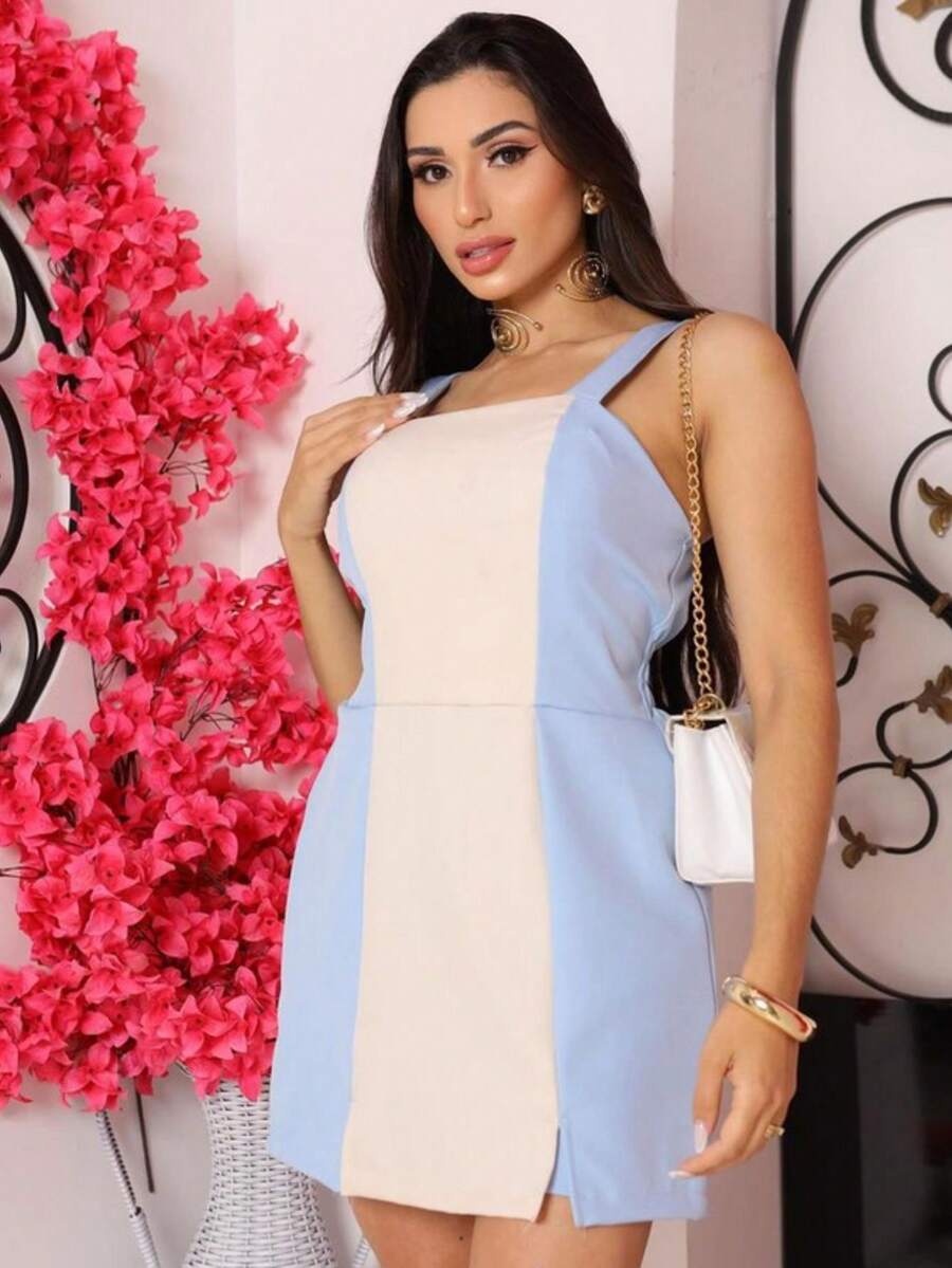 LADY CHIC Two-Tone Short Jumpsuit Dress Casual Dress Spring/Summer Fashion - Baby Blue - View 1