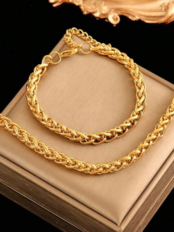 2 peças Conjunto de Joias de Colar e Pulseira de Corrente de Aço Inoxidável, Design Moderno Banhado a Ouro Presente de Festa/Feriado para Mulheres