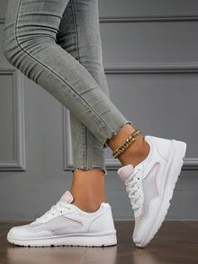 2024 女士厚底轻质网眼透气运动鞋，户外休闲防滑运动运动鞋 - 白色 - 查看 5