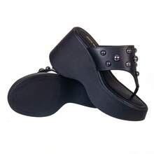 Women's Wedge Clogs Platform Flip Flops Thick Heel - Black - View 3