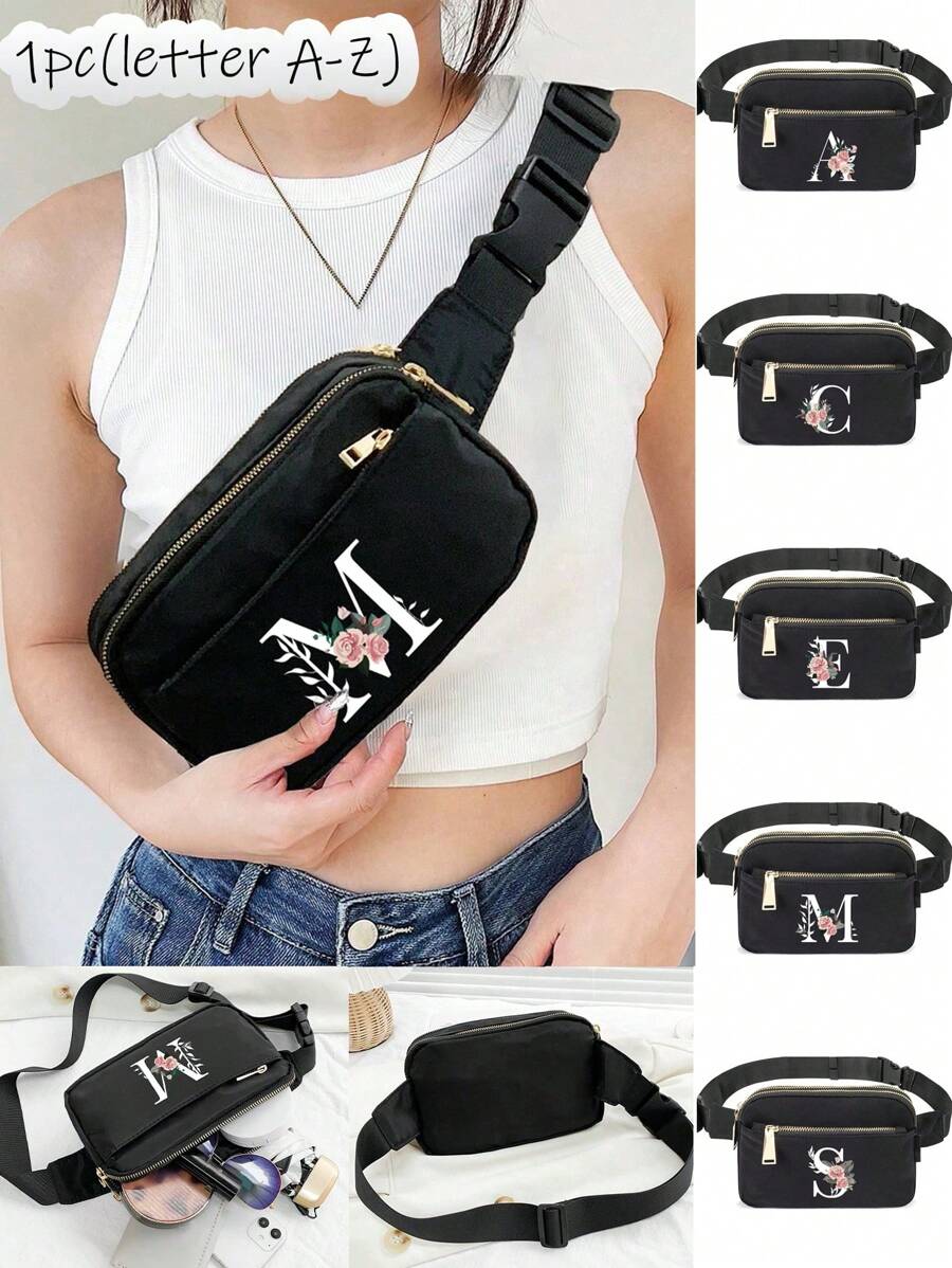 This Minimalist Chest Bag, Strap Bag, Sports & Fitness Bag Features Floral & A-Z Letter Pattern Designs. It Is A Versatile Women's Wallet, Shoulder Bag, Waist Pack, Coin Purse, Small Bag, Outdoor Chest Pack, Phone Storage Pack, Multi-Functional Yoga Pocket Waist Bag, Waterproof Sports Adjustable Shoulder Bag. Suitable For Sports, Running, Travel, Hiking, And The First Day Of School, Allowing You To Be Fashionable And Organized. - Black - View 1