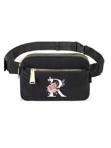 This Minimalist Chest Bag, Strap Bag, Sports & Fitness Bag Features Floral & A-Z Letter Pattern Designs. It Is A Versatile Women's Wallet, Shoulder Bag, Waist Pack, Coin Purse, Small Bag, Outdoor Chest Pack, Phone Storage Pack, Multi-Functional Yoga Pocket Waist Bag, Waterproof Sports Adjustable Shoulder Bag. Suitable For Sports, Running, Travel, Hiking, And The First Day Of School, Allowing You To Be Fashionable And Organized. - Black - View 15