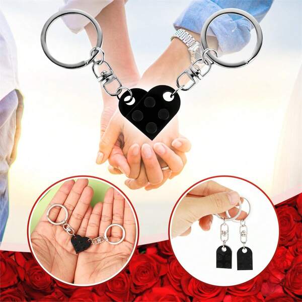 2pcs/Set Minimalist Building Block Heart Shape Separable Keychain, Couple/Friends Gift Valentine's Day Valentines Car Accessories Bag Charm School