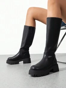 Women's Comfortable Platform Knee High Boots Round-Toe Side Zip Classic Style Solid Color Fashion Boots For Women - Black - View 3