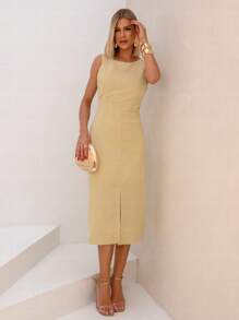 Vestido Midi de Linho com Fenda Delicada - Creme - Visão 4