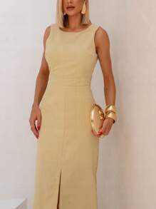 Vestido Midi de Linho com Fenda Delicada - Creme - Visão 5