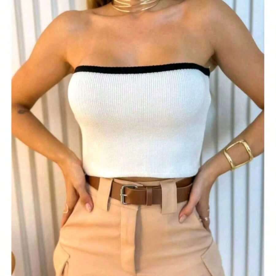 Cropped Strapless Two-Tone Ribana Top – The Summer Trend! - 白色 - 查看 1