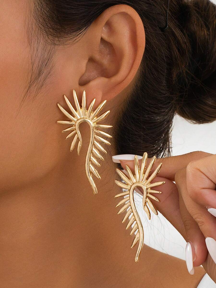 2 件韩国时尚镂空耳钉，奢华光滑金属不对称设计耳环装饰，适合女性聚会和约会 - 耳環 - 查看 1