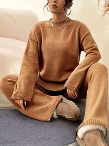 Conjunto de 2 peças de suéter casual feminino de cor sólida e ombro de fora, calça de malha, adequado para deslocamento diário, compras, festa, encontro, casa, Halloween, Ação de Graças, Natal - Multicolorido - Ver 4