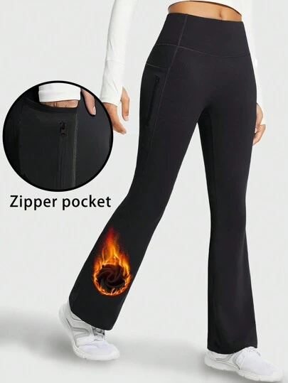 Women's Thick Thermal Lined Leggings With Zipper Pockets, High Stretch Fitness Yoga Sports Pants, Seamless Flared Casual Trousers For Autumn/Winter