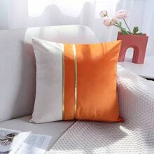 1pc Fall Pillow Covers Orange Throw Pillow Covers Decorative Velvet Patchwork With Gold Leather Pillowcase Soft Solid Cushion Case Square For Couch Sofa Living Room Fall Decor 18x18 Inch - Orange - View 1