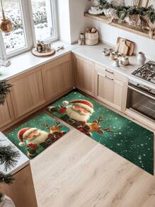 1PC/2PCS Memory Sponge Farmhouse Christmas Kitchen Carpet, Christmas Element Pattern Printing Decoration, Door Door Carpet Anti Slip Back Mat, Bedroom Bathroom Kitchen Floor Mat, Christmas Decoration