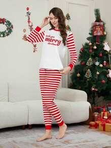 2pcs Christmas Letter Blessing Pattern Classic Red & White Striped Combination Print Round Neck Long Sleeve Drawstring Women Home Pajama Set