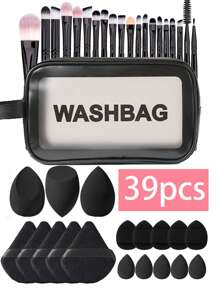 45 Pcs Makeup Brush Set, Includes: 20pcs Makeup Brushes (Foundation, Powder, Eyebrow, Blush, Highlighter, Eyeshadow, Mascara, Eyeliner, Contour, Detail, Nose Shadow, Face), 1 Makeup Bag, 3 Makeup Sponges, 5 Powder Puffs, 10 Finger-Tip Powder Puffs, 3 Mini Makeup Sponges, 1 Makeup Brush Cleaning Palette, Suitable For All Skin Types, Perfect For Summer Makeup