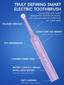 Cepillo de dientes eléctrico inteligente, 3 modos de limpieza, recargable por USB, cepillos de dientes eléctricos recargables con temporizador de 2 minutos, estuche de viaje y 2 cabezales de cepillo, compatible con los cabezales de recambio del cepillo de dientes eléctrico