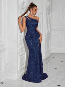 Abito da cocktail da donna con paillettes, arricciature frontali e spacco posteriore, per feste e club, abito elegante da sera, per invitati di matrimonio, laurea, cene