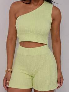 Women's Shorts Set With One Shoulder Top Single Sleeve Mula Manca Moda Gringa With Premium Fabric Cup - 黃色 - 查看 3