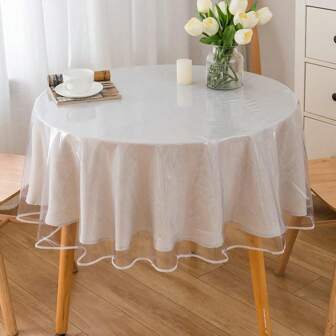 1pc Round Transparent Tablecloth, Waterproof, Oil-Proof, Wipe-Clean Plastic Tablecloth, Sewed Edging, Decoration For Room