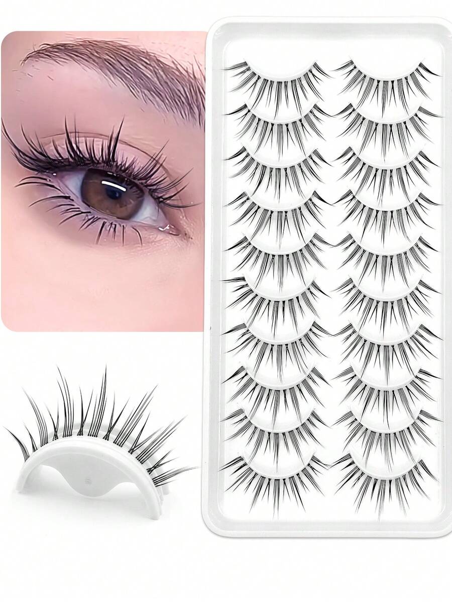 Asiteo 10 Pairs Natural-Looking Cluster False Eyelashes, Short Stem Transparent Lashes With Cartoon Eye Makeup Effect, Suitable For Cartoon Style Eye Makeup - Black - View 1