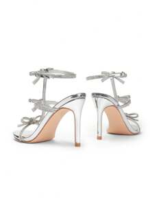 Women Crystal Bowknots High Stiletto Fashion Open Toe Rhinestone Decor Strappy Heeled Sandals For Party Wedding Prom Valentine's Day - Silver - View 8