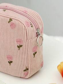 1 Pc/Set Cute Pink Strawberry Print High Quality Large Capacity Cosmetic Bag, Sanitary Napkin Storage Bag.Sanitary Pad Pouch,Bath Shower Wallet Pouch Portable Cosmetics Brush Storage Clutch With Zipper Closure - Multicolor - View 4