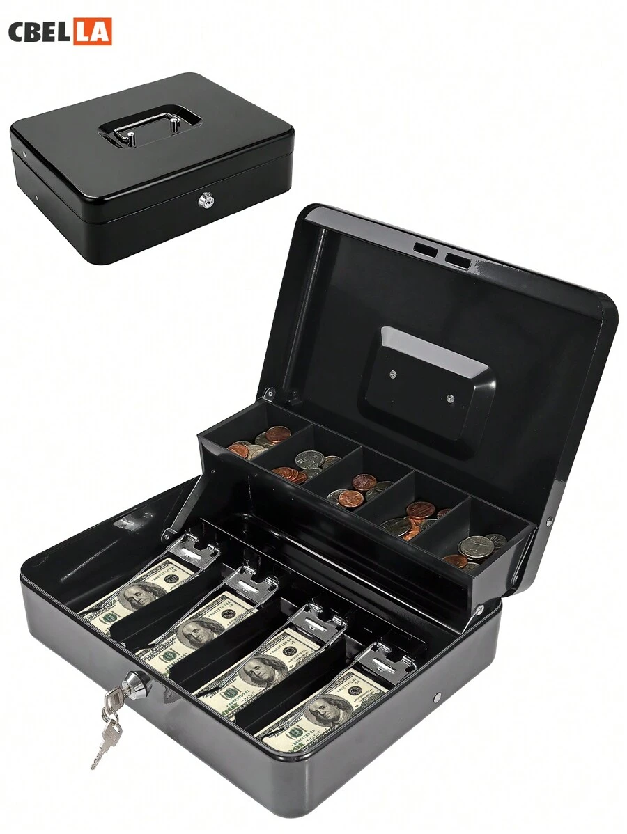CasaBella Caja de Seguridad para Dinero con Llaves y Cerradura de Seguridad, Caja para Dinero de Negocio con Llaves, Caja Fuerte para Almacenamiento de Efectivo, Caja Registradora con 4 Charolas para Billetes y 5 Depósitos para Monedas, Caja Registradora, Caja de Efectivo Portable para Guardar