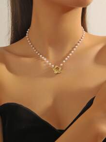 MESTILO 1pc Fashionable Faux Pearl Plumeria Copper Necklace, Suitable For Women's Daily Wear